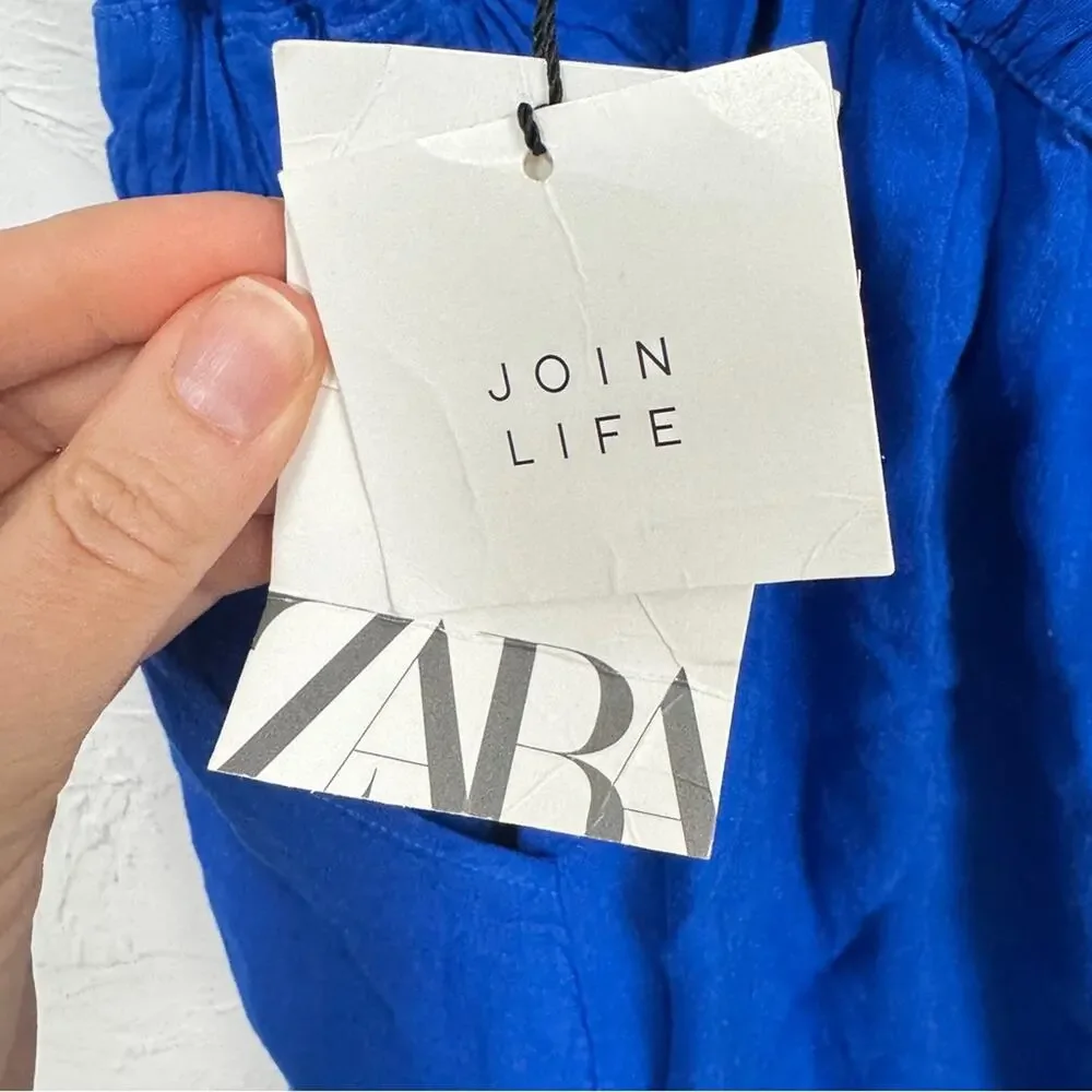 Zara Blue Linen Romper Womens M Beachy Casual Short Overalls Summer Vacation